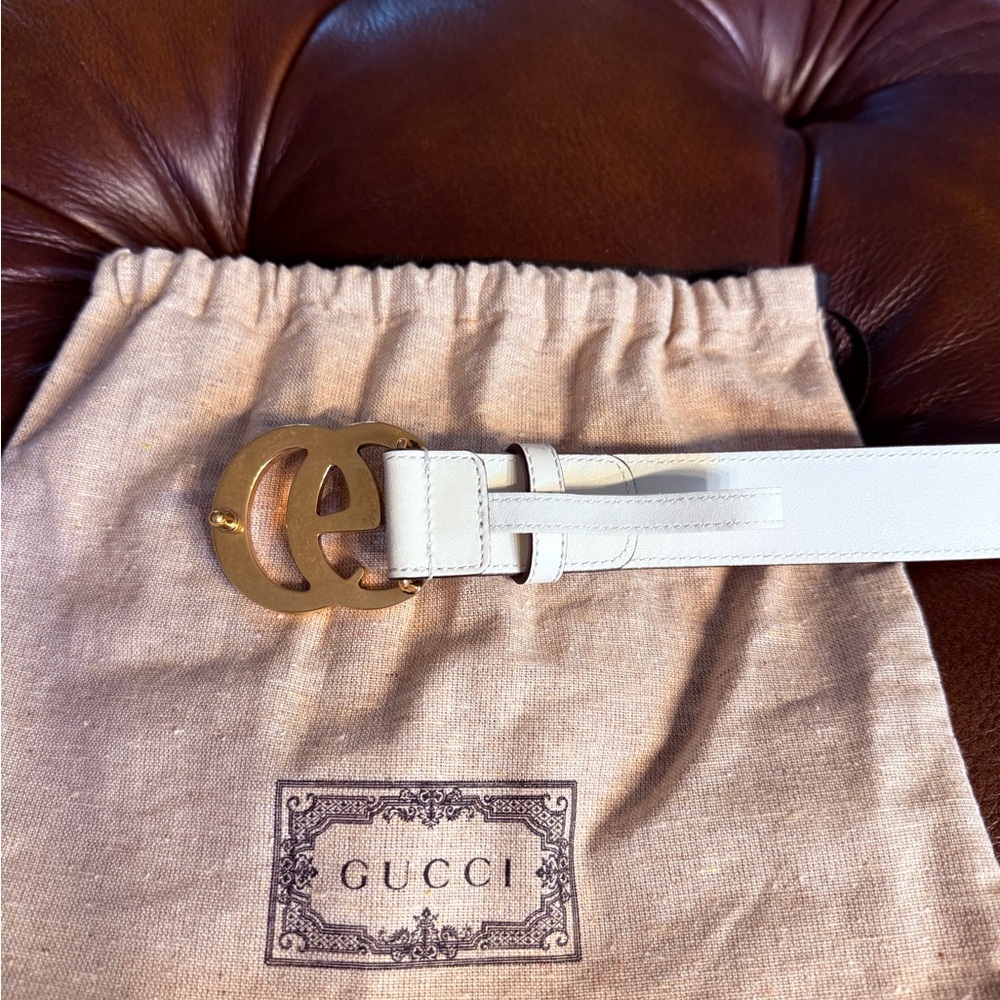 Gucci Beige GG Supreme Canvas & White Leather Belt with Gold Double G Buckle - Picture 4 of 6